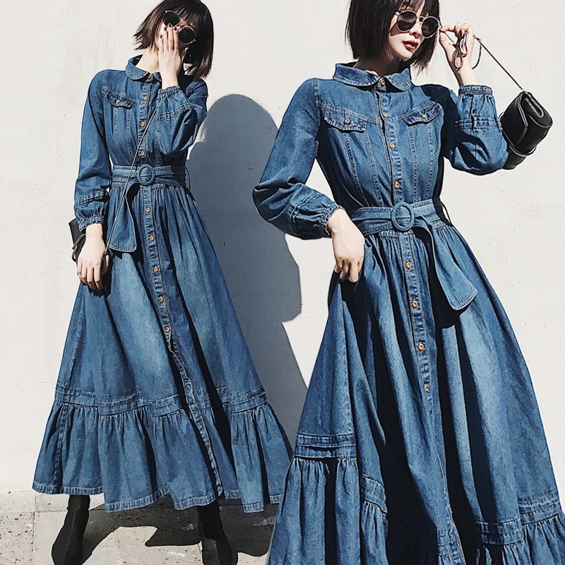 2023 Fashion Plus Size XS 3XL Dresses For Women Long Maxi Spring And Autumn Denim Single Breasted Dress With Belt
