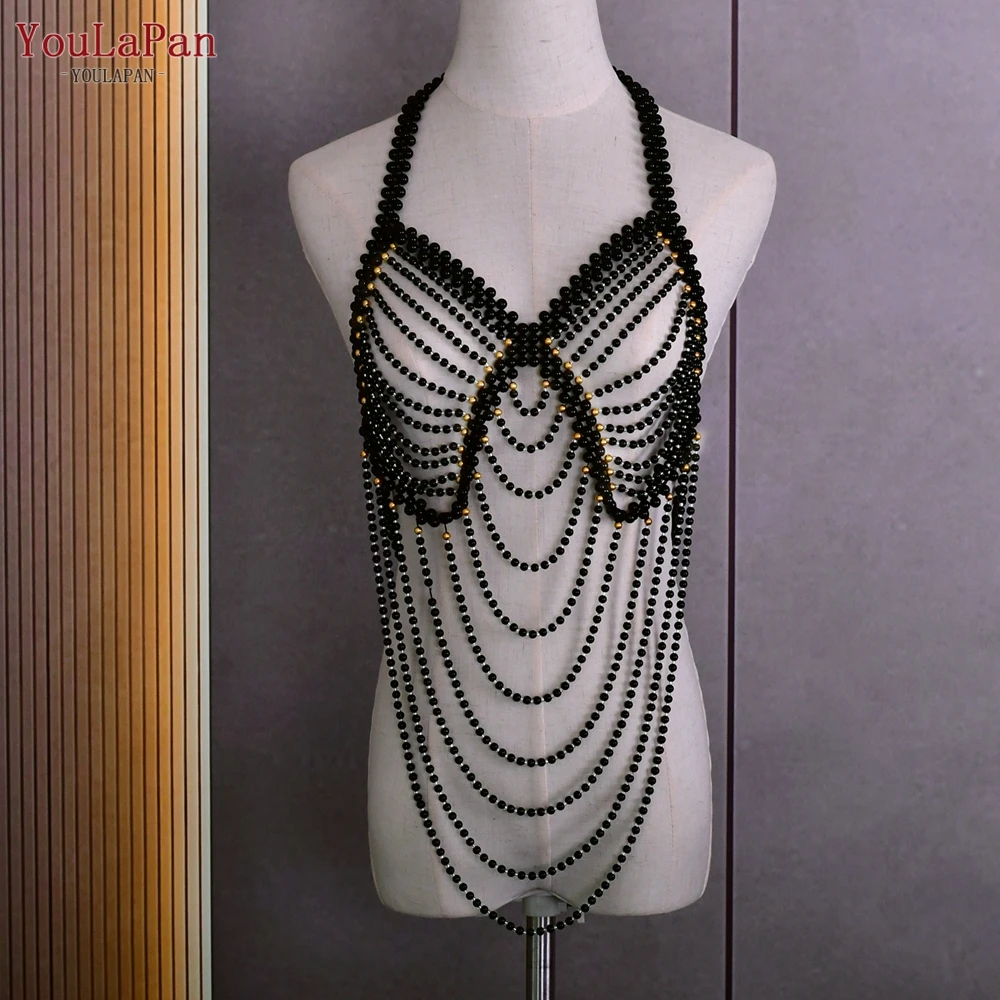 YouLaPan VG58 Fashion Tops Decorations White Black Pearl Beads Tassel Chain Halter Bra Necklace Sweater Dress Body Coverup