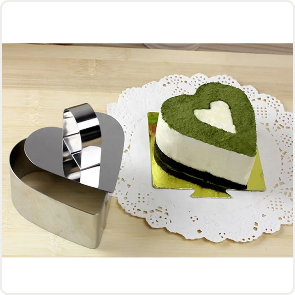 Wholesale stainless steel handle 2pcs baking cooking heart shape mousse cake pusher ring