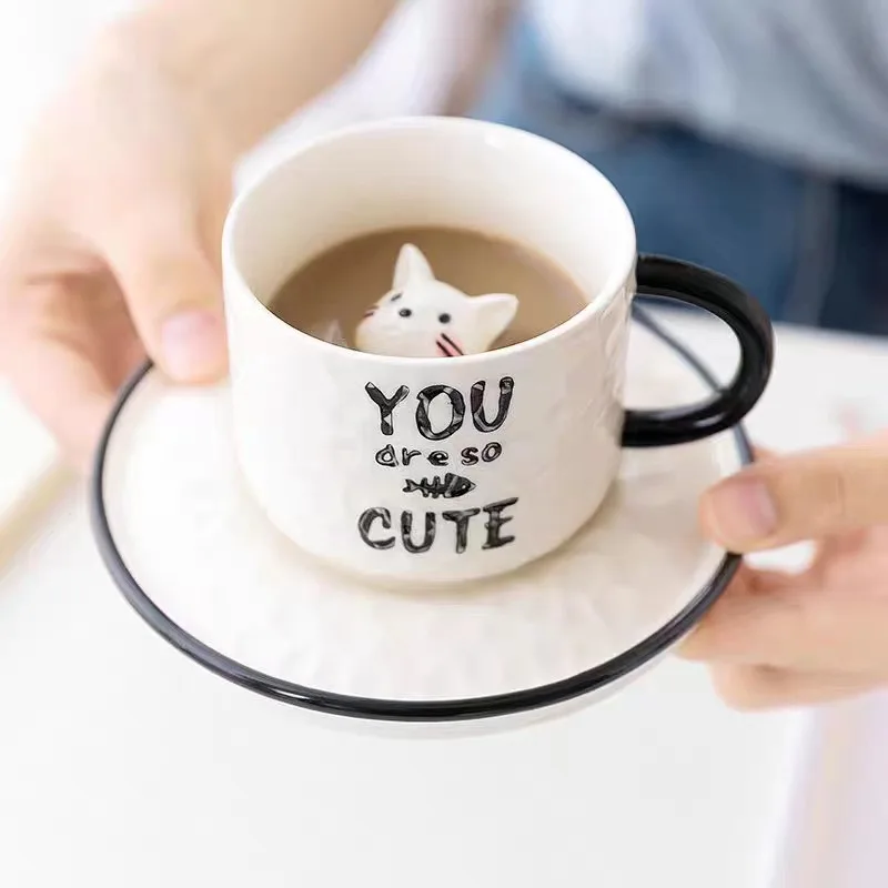 Cartoon Set Cat Coffee Saucer Cute Restaurant Milk 250 Ml Coffee Making Tea Breakfast Water Porcelain Craft Gift Ceramic Cup