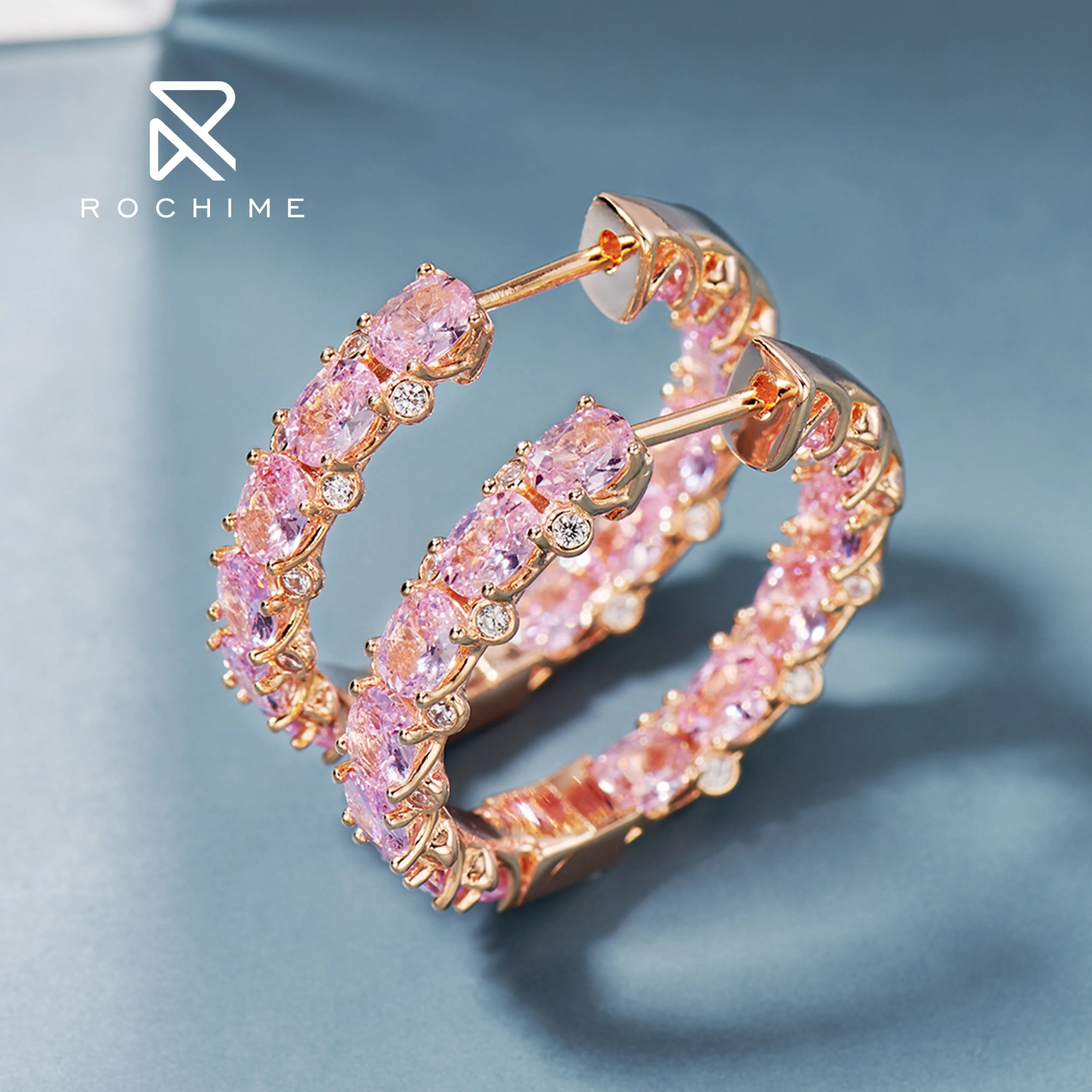 Rochime pink gemstone hoop earrings  925 sterling silver gold plated cubic zirconia jewelry for women