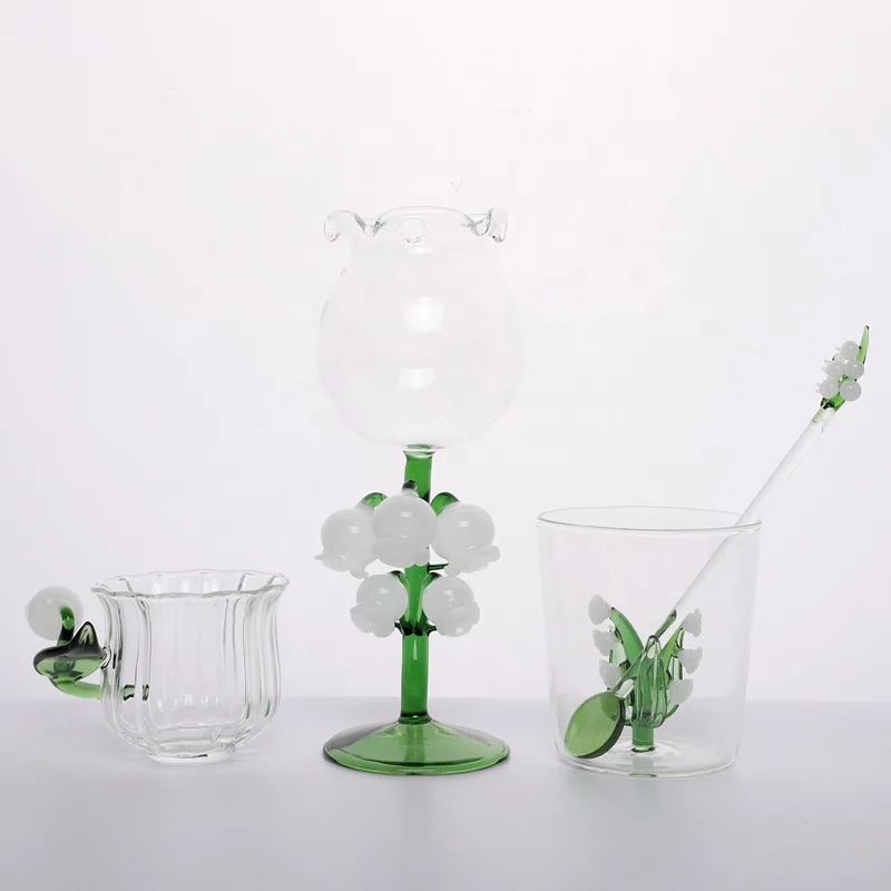 Wholesale Exquisite Design Green Bell Orchid Glass Cup Set/Lily of the Valley Wine Cup Set/Flores Convallariae Cup Glass Set