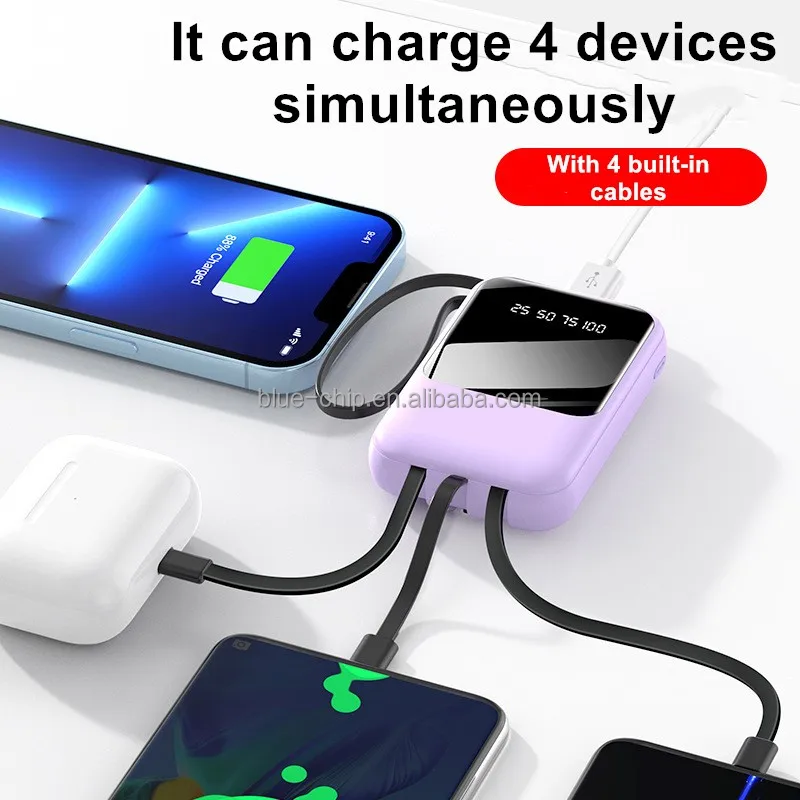 Custom Portable Mini 4 in 1 Built-in cables Dual USB Power Bank 20000mAh Large Capacity LED Digital Display Mirror Power Bank