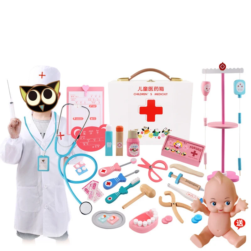 Medical toy box dentist injection medicine kit Wooden simulation play house almighty doctor nurse toy