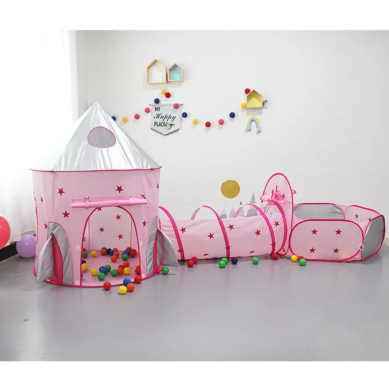3 In 1 Pink Rocket Ship Kids Play Tent Foldable Indoor Outdoor Crawling Tunnel Ball Pit with Basketball Hoop Free Zipper Bag