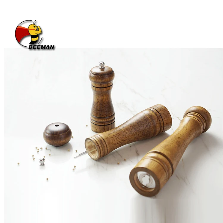 Beeman 5 Inch 2 And 1 Manual Bamboo Wooden Wood Rock Salt Hammer Pepper Grinding Mill Grinder