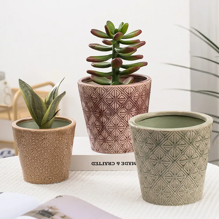 embossed design glazed ceramic planters indoor garden decor planter bonsai pots