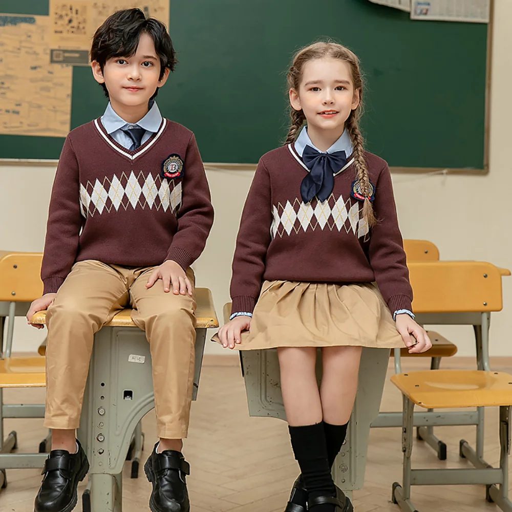 
England style school uniform custom 100% cotton long sleeve pullover fashions crewneck sweater for kids 