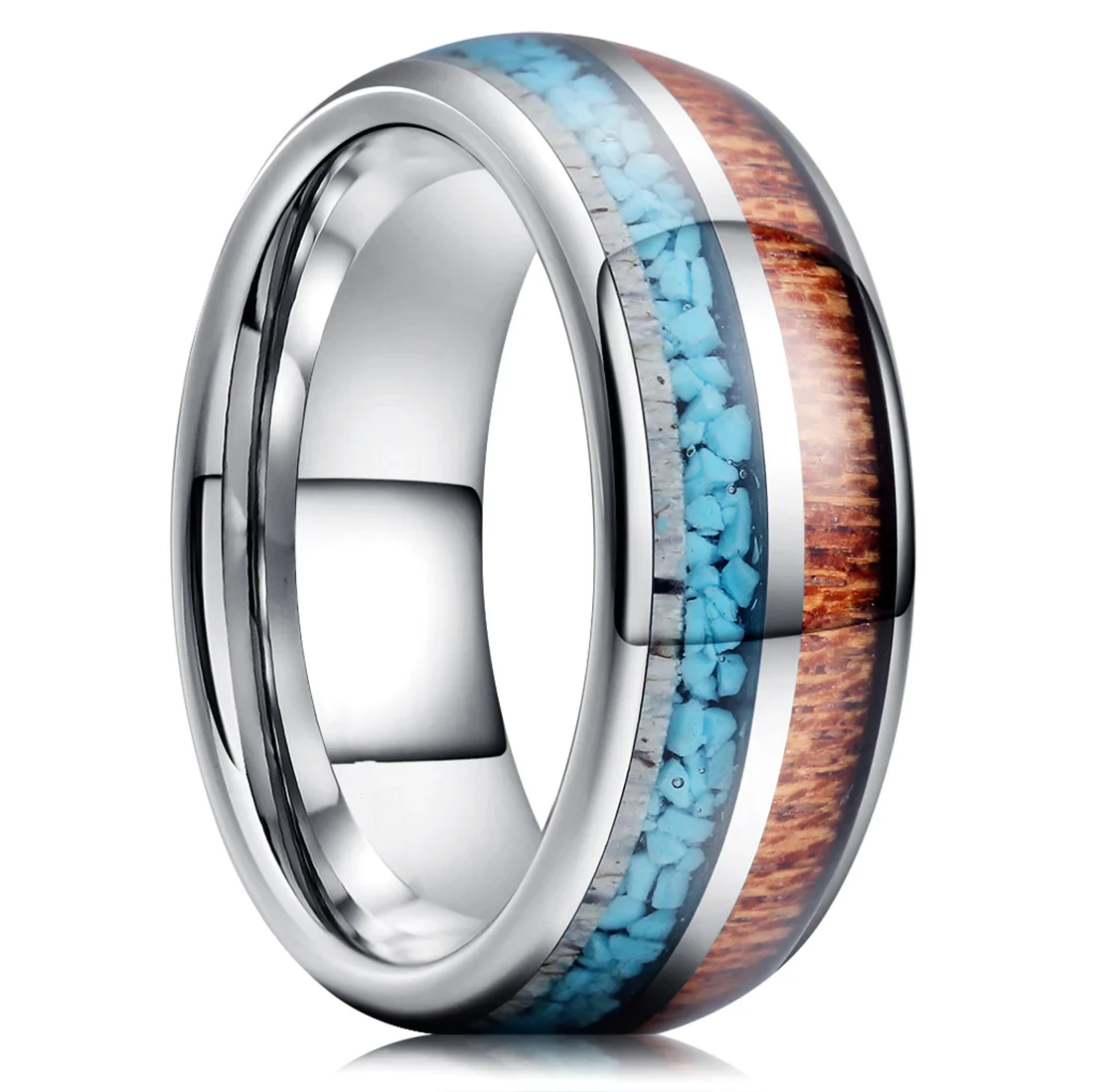 Ouyuan Jewelry Wholesale 8mm Tungsten Ring Men Women Fashion Engagement Wedding Band Antlers Turquoise Koa Wood Inlay