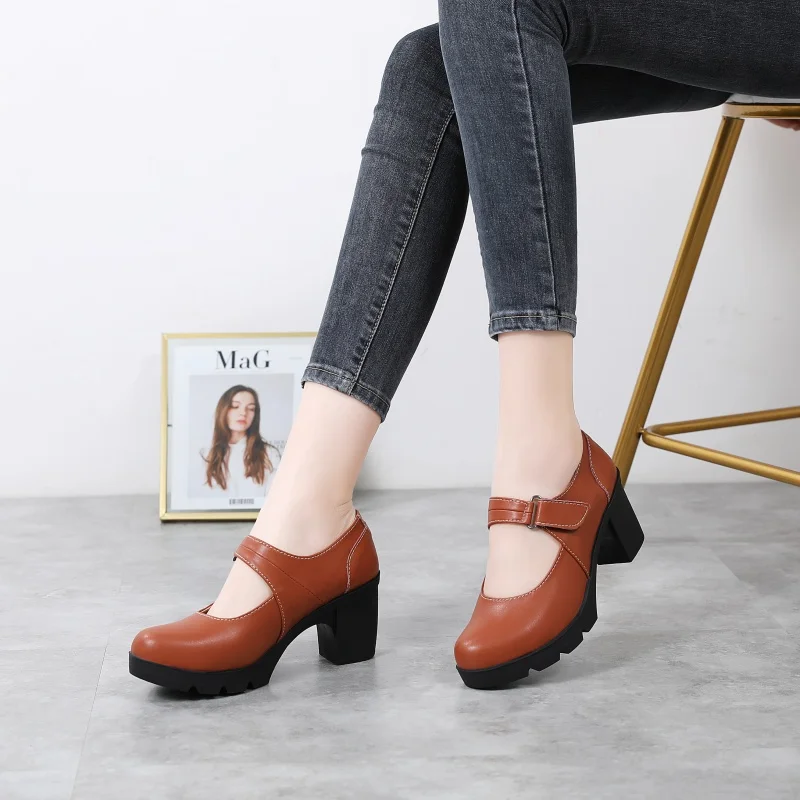 2024 New Styles Mary Janes  Women  Chunky Sole Shoes Fashion Ladies Round Toe High Heels Shoes women lace up office lady pump