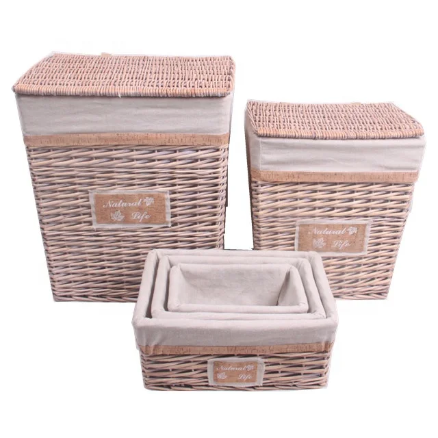 Wholesale cheaper rectangle wicker laundry basket set of 5 with lid for home