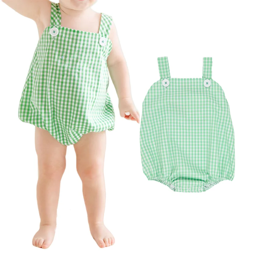 Smocked Green white plaid romper woven summer kids clothes Baby Boys  Embroidered Bubble