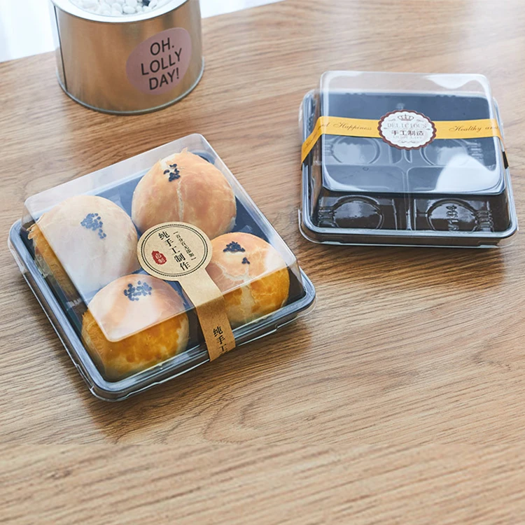 
Hot Sale Dessert Square PET Gift Box Cake Mung Bean Bakery Plastic Blister Packaging With 4 Cavities 