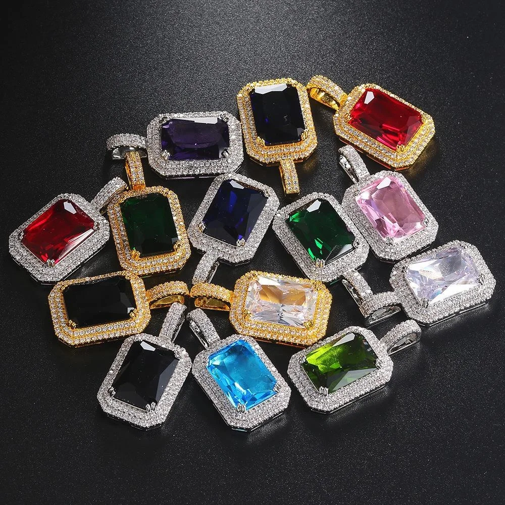 IG Bust Down Red Ruby Blue Pink Gem Iced Out Charm Square Pendant Necklace CZ Hip Hop Diamond Women Men Jewelry