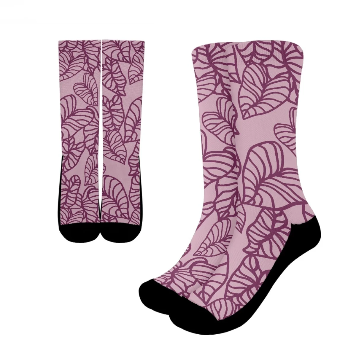 Wholesale New Polynesian Tropical Island Wave Thick Crew Socks Custom Logo Hawaiian Kalao Leaf Print on Demand Crew Sport Socks