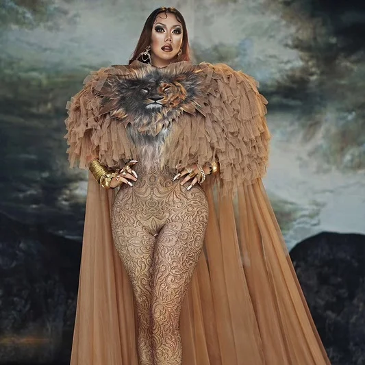 Luxury lion Cloak Fringed Sexy Costume Halloween Cosplay Evening Wear for Women Club Party