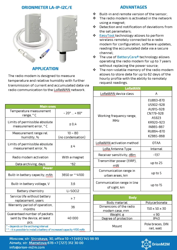 Warranty Service Product LoRaWAN Radio Modem ORIONMETER LA-IP-L2C Monitoring and controlling of temperature