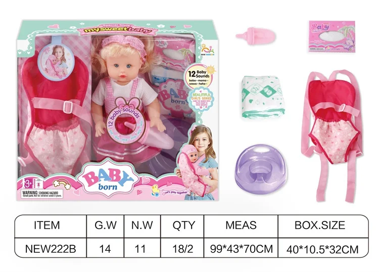 Popular Hot Sale 13 Inch English 12 Sound Ic Water Baby Dolls Toys With Urine Basin Diaper Absorbent Bottle Tissue Box Backpack