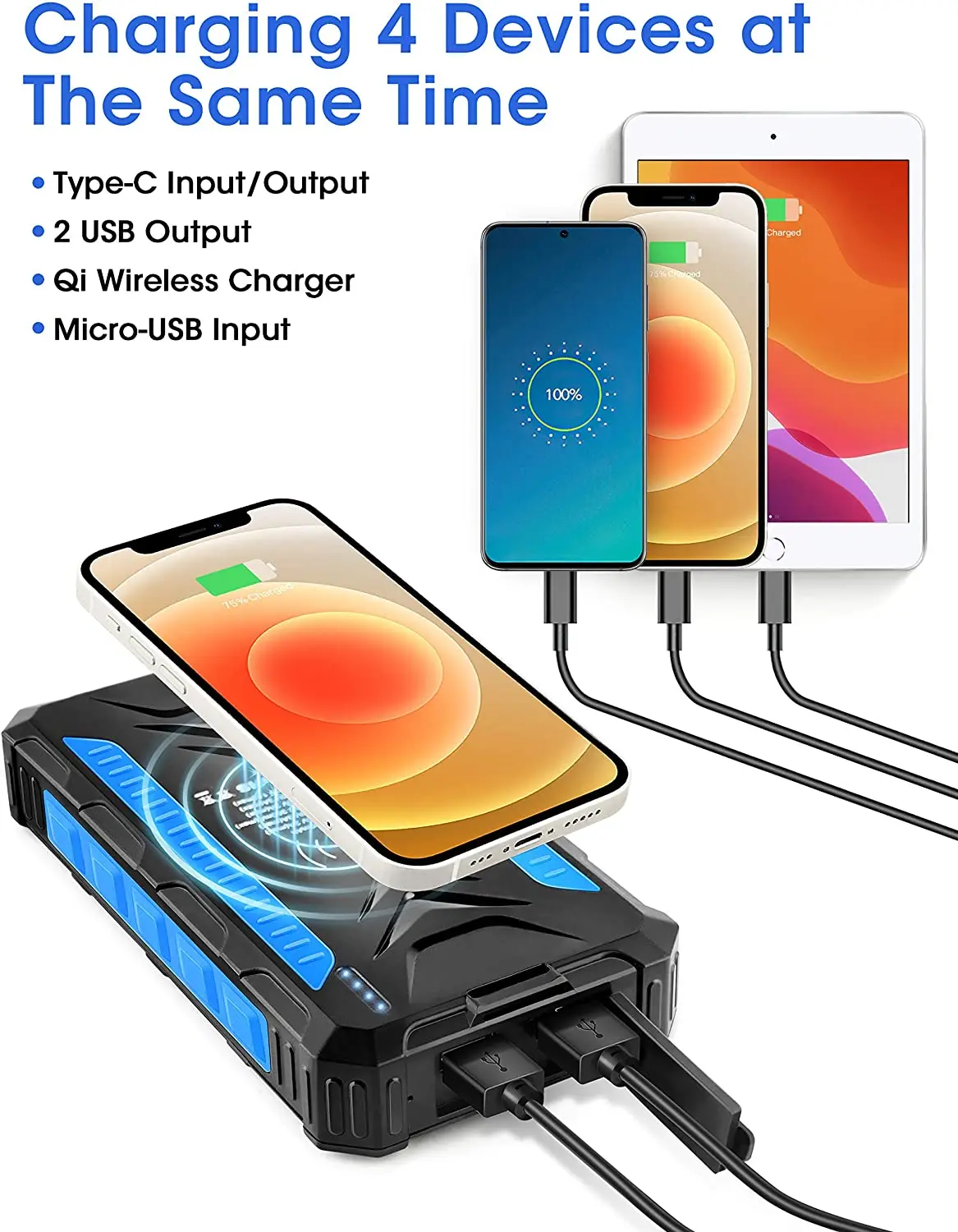 3USB 30000Mah Waterproof Solar Charger Solar panel External Battery Pack Solar Power Bank