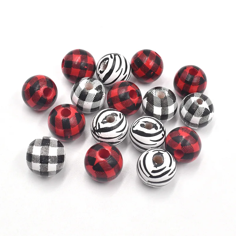 16mm Colorful Plaid Print Wooden Beads Farmhouse Garland Natural Handmade Wood Round Beads for DIY Jewelry Making Accessories