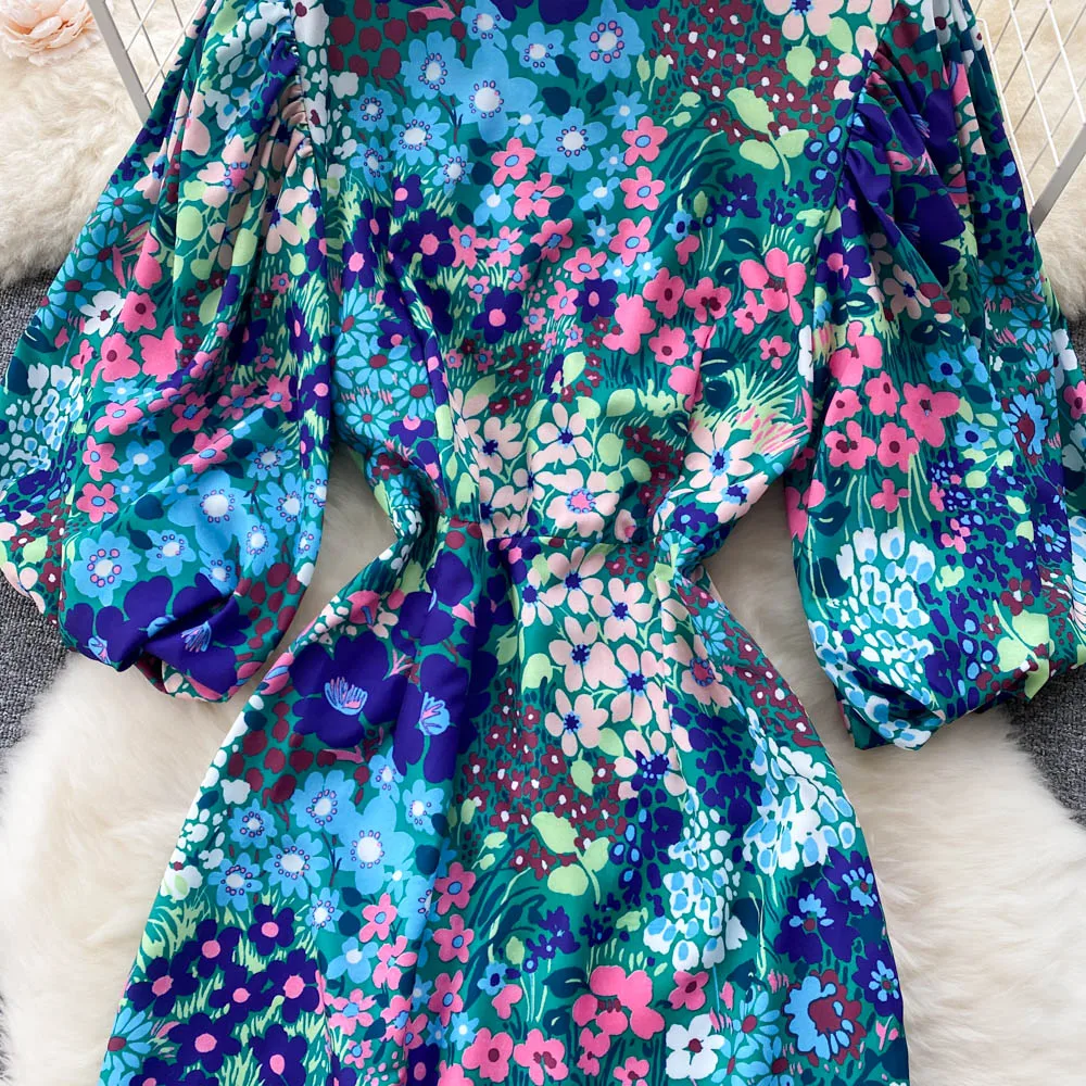 2022 vintage print dress for women puffed sleeves high waist temperament long skirt fish tail dress