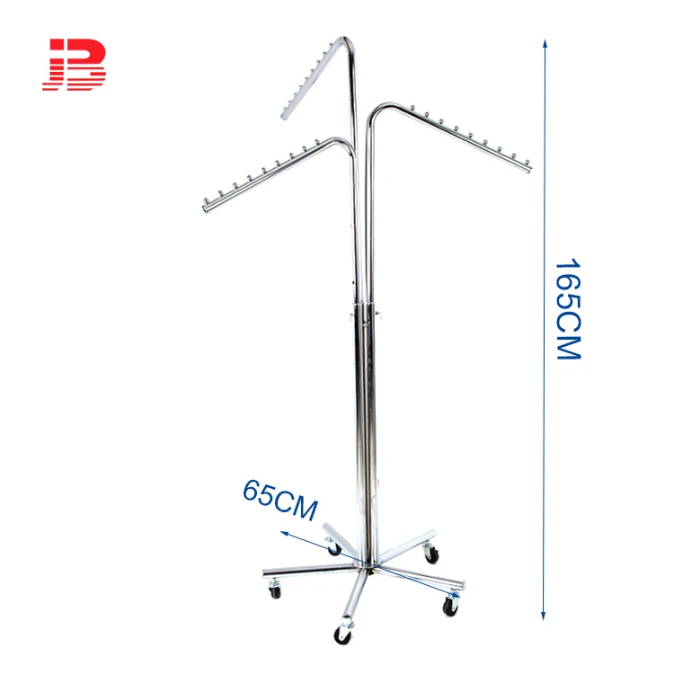 Metal movable waterfall shop equipment display rack garment rack with 3 arms