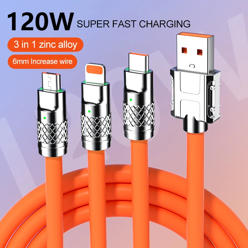Multi Charging Cable 3 in 1 120W PD Super Fast USB Cord Silicone Charger Cable Compatible with IPH/Type-C/Micro-USB port