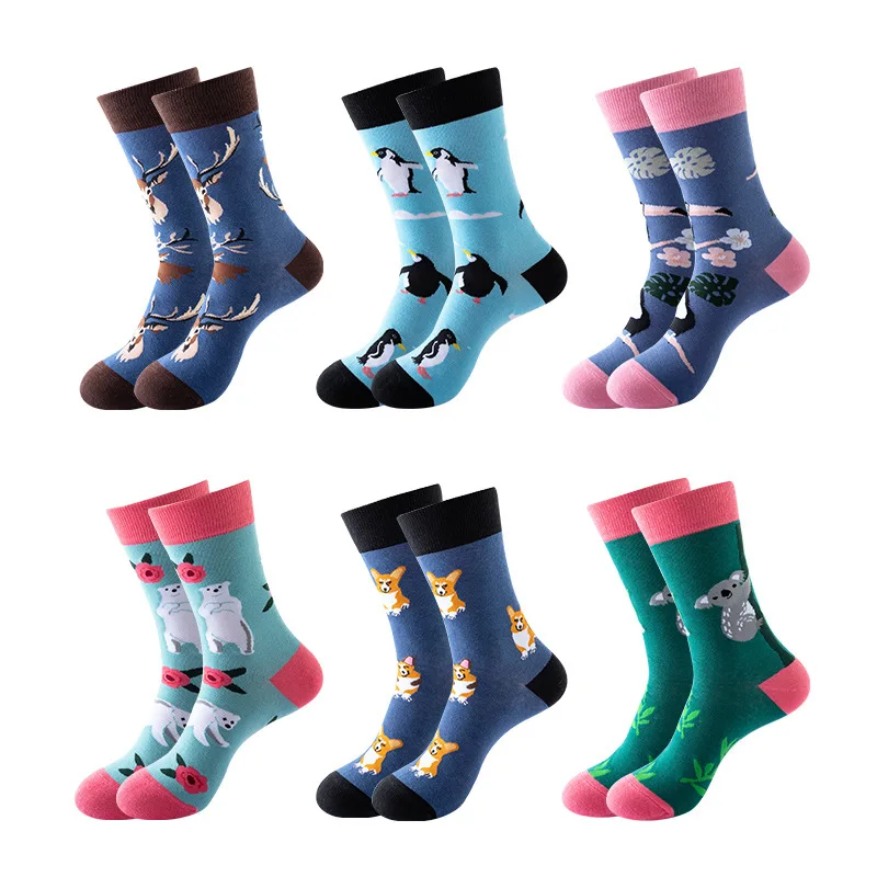 High Quality Crew Cotton Colorful Socks Custom Logo Funny Funky Novelty Fashion Design Food Animals Socks Men Women Happy Socks
