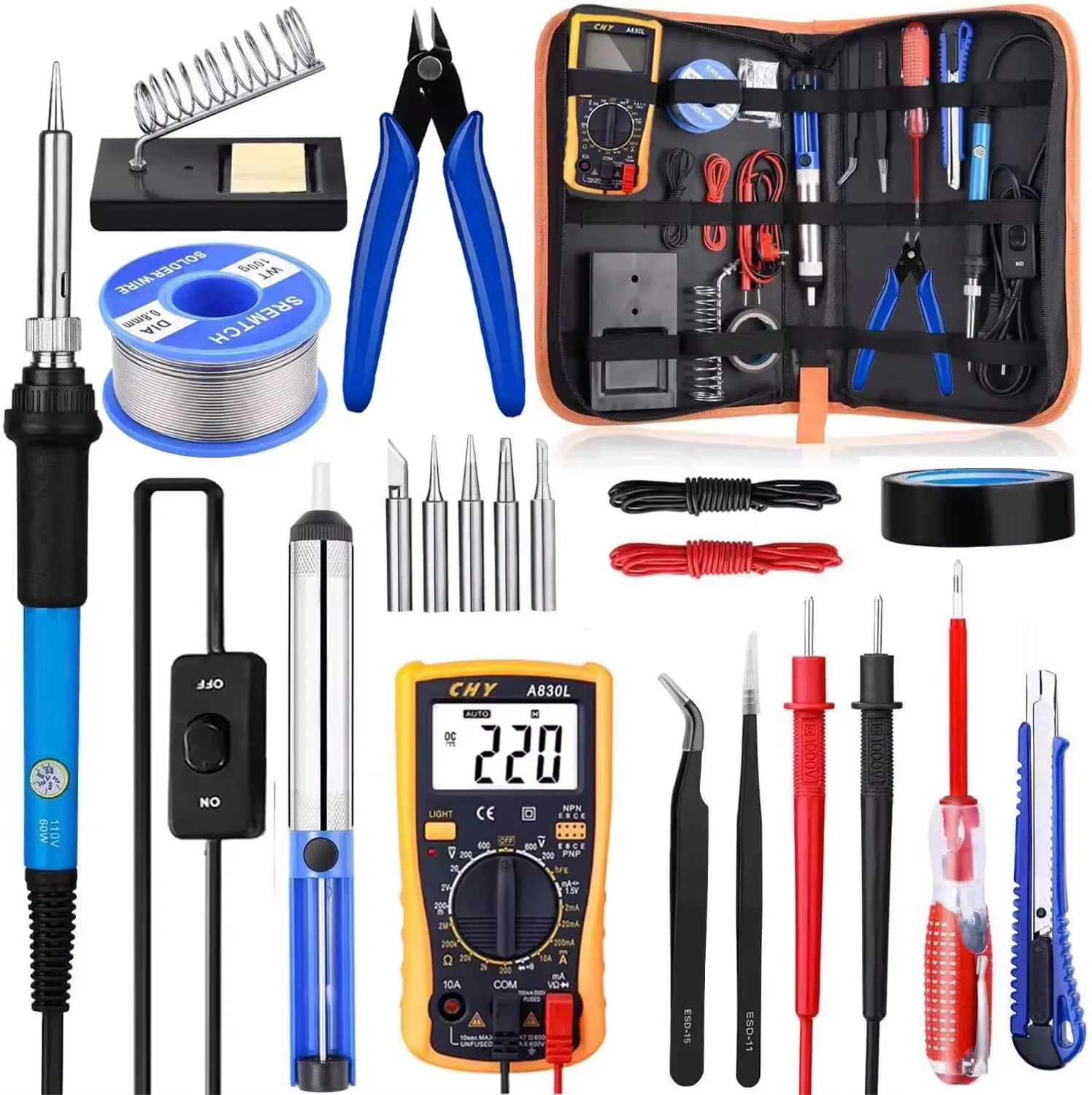 60wSoldering Iron Set 21-in-1 Temperature Adjustable Soldering with Wire Destin Pump Tweezers, Stand Multimeter,Po-Taple Bag,etc