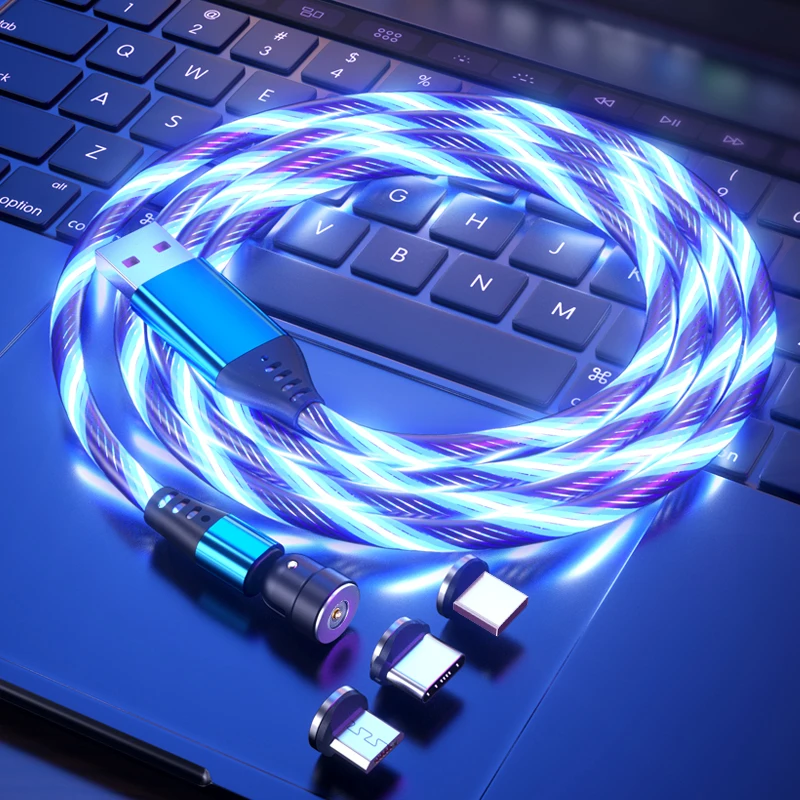 Luminous magnetic fast charging usb cable 540 degree led flowing 2.4A mobile phone fast charging 3 in 1 micro USB C cable 1M 2M