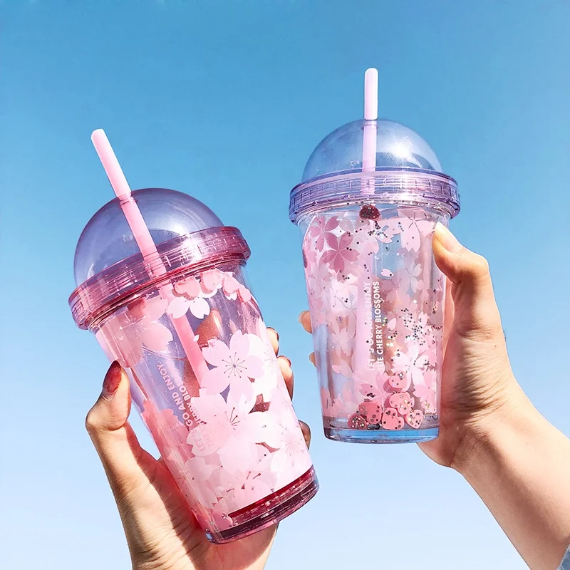 
Girlwill Sakura Double Wall Plastic Cup With Water Inside Dome Lids Tumbler With Straw Drink Mugs Custom Logo Supports OEM/ODM 