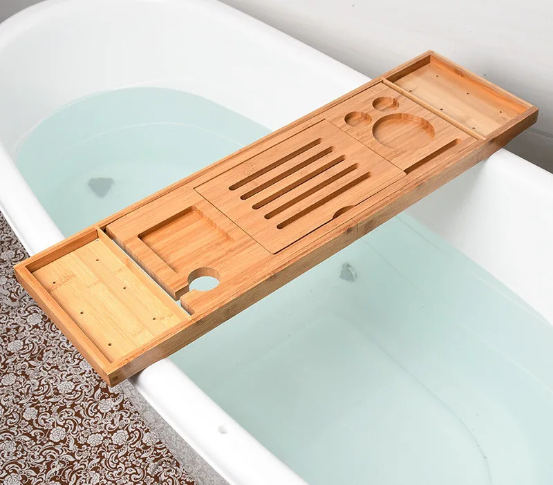 Adjustable natural bamboo bath tub tray wholesale bathroom reading mobile phone holder