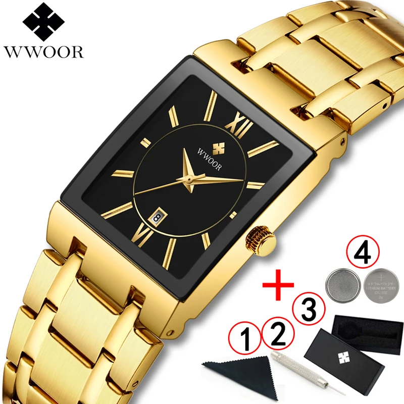 2019 Waterproof Golden Male Wristwatch Top Brand Luxury WWOOR Men Watches Gold Black Square Quartz watch men