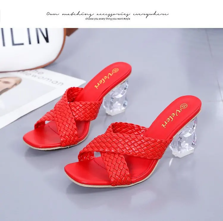 Wholesale woven high heel crystal heel womens shoes square toe slippers womens casual shoes