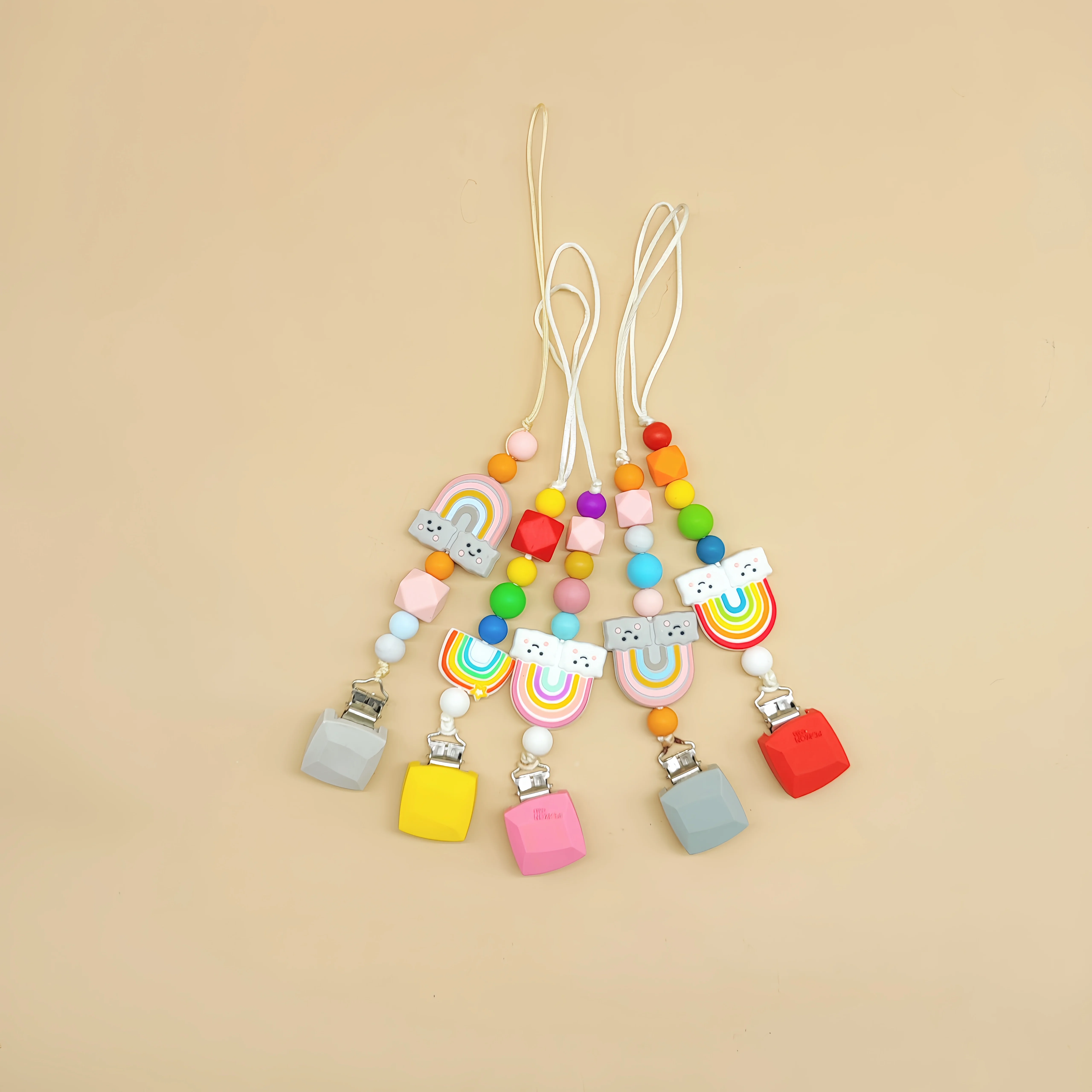 Wholesale Baby Teething Chain strap Custom Logo baby silicone wooden beads pacifiers dummy holder clip