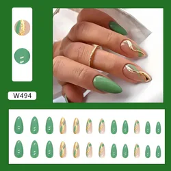 Ripple Ribbon Fashion Fake Nails Wearing Nails Gold Natural and Fresh Green Finger ABS French Full Cover Hard Gel Nail Press on