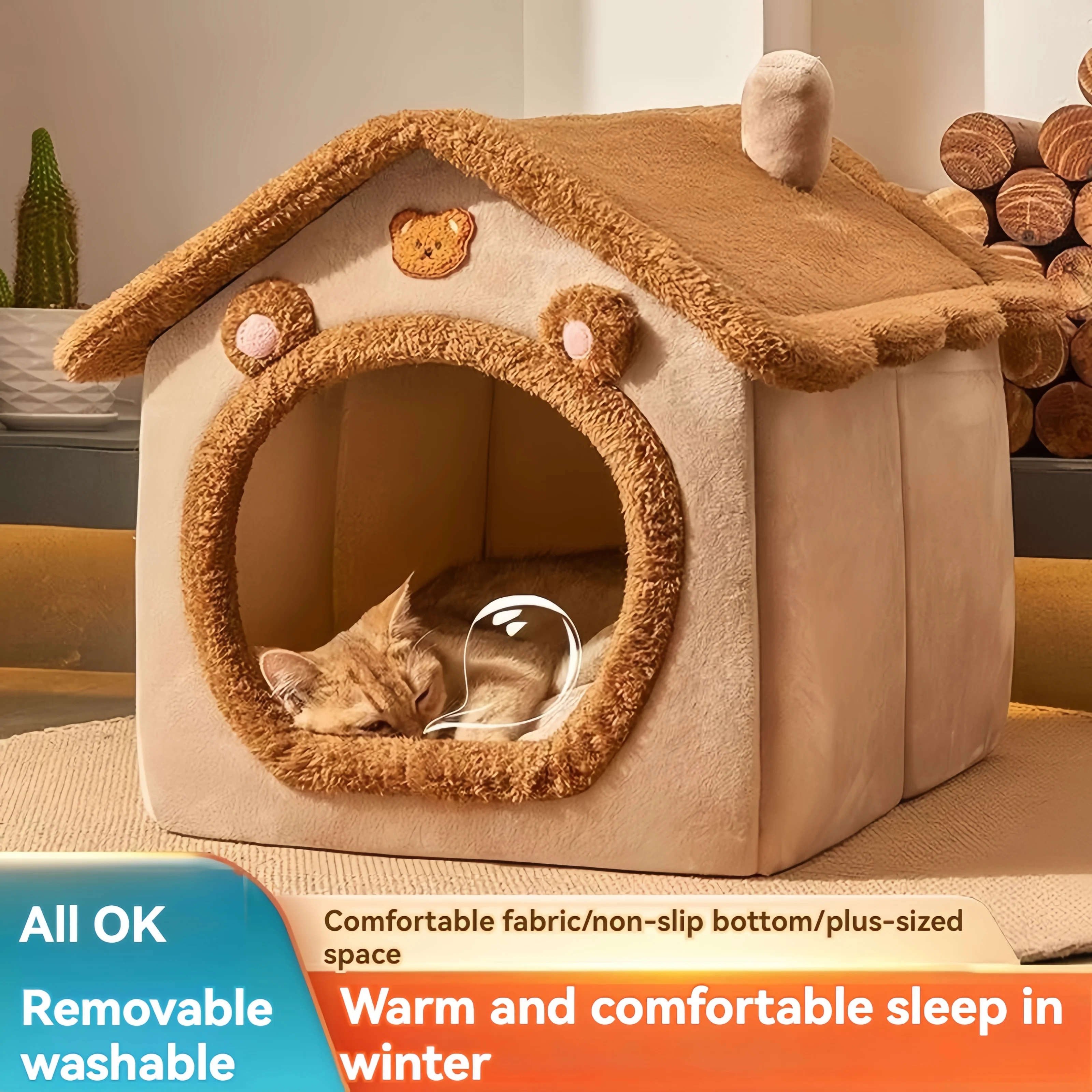 Hot Seller All-Season Enclosed Cat House with Removable Washable Cushion Cozy Warm Pet Bed for Cats or Dogs