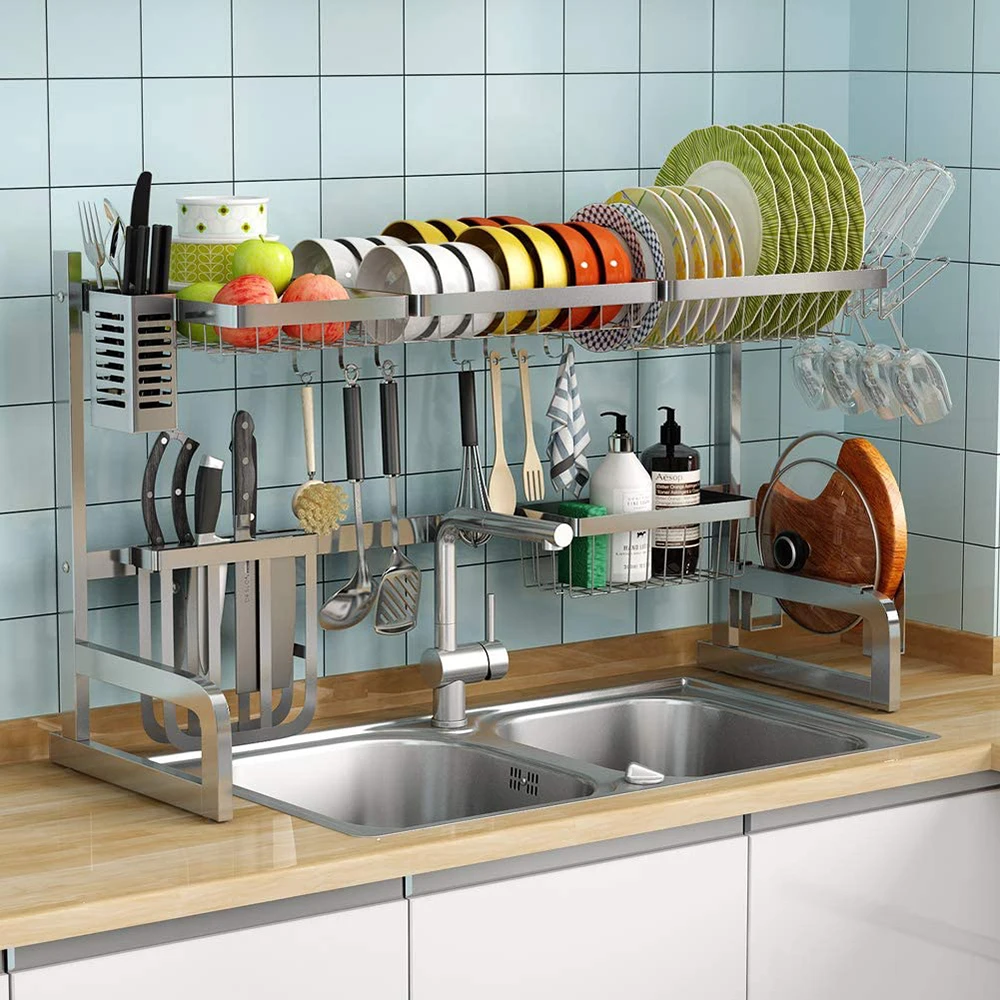 Over the Sink Dish Drying Rack Adjustable 2-Tier Large Dish Dryer Rack for Kitchen Organizer Storage Space Saver