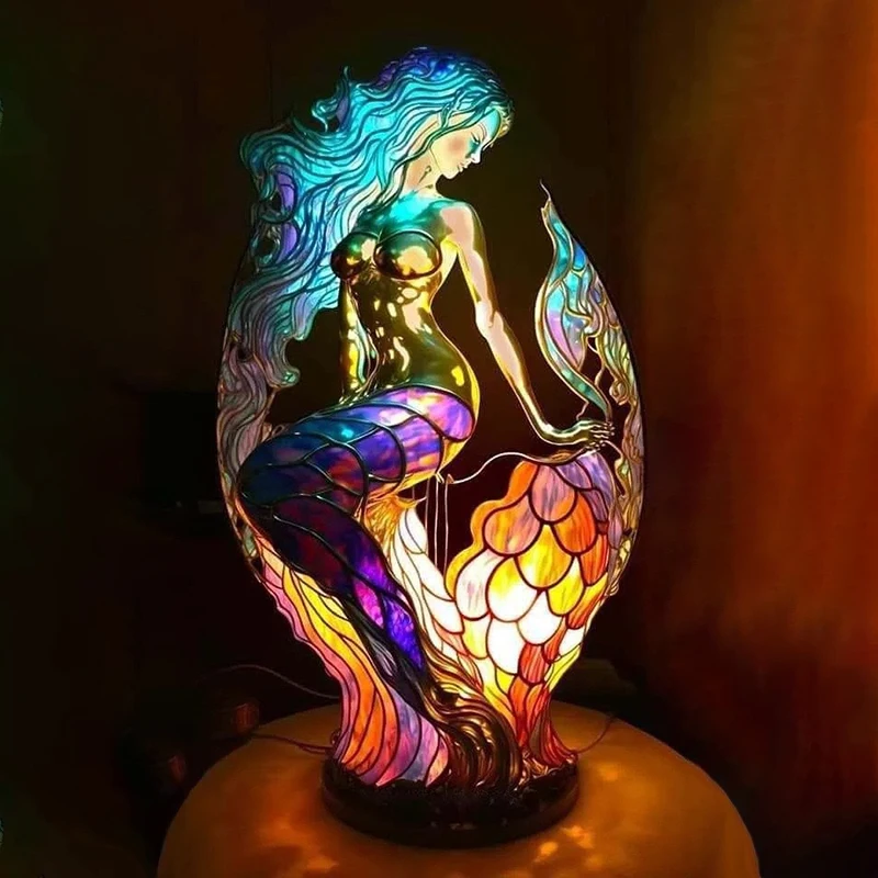 Animal Table Lamp Series Stained Glass Cat Dragon Wolf Horse Owl Dolphin Turtle Elephant Mermaid Table Lamp Night Light