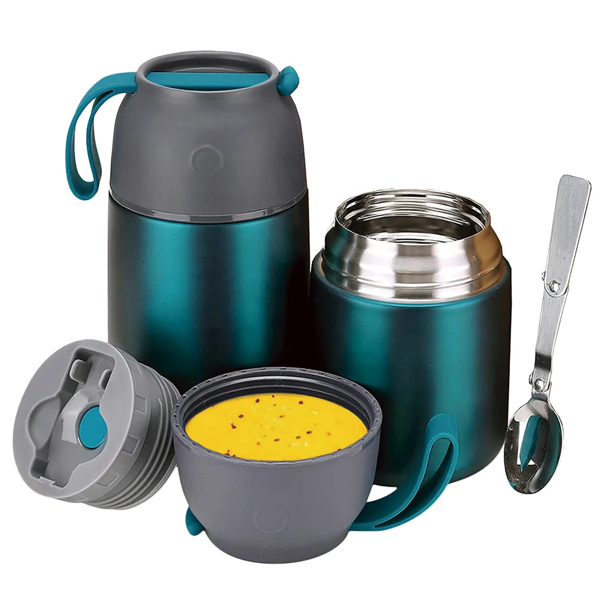custom metal stainless steel vacuum insulated thermos food jar container with folding spoon keep warm with lid for kids