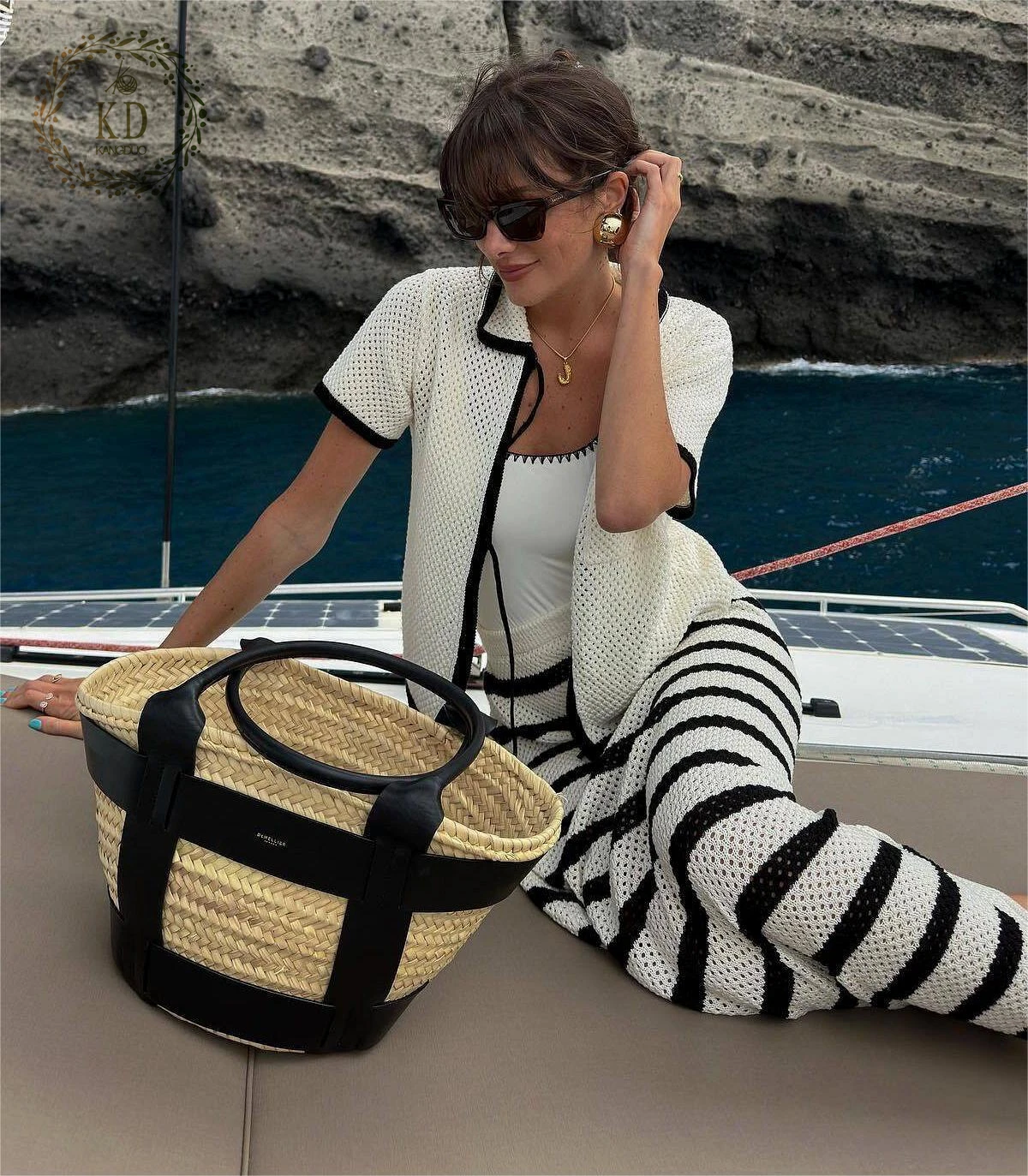 KD Knitwear Manufacturer Striped Beach Crochet Hollow Lapel Pocket Short Sleeved Cardigan Tie Detail Knitted Top Sweater