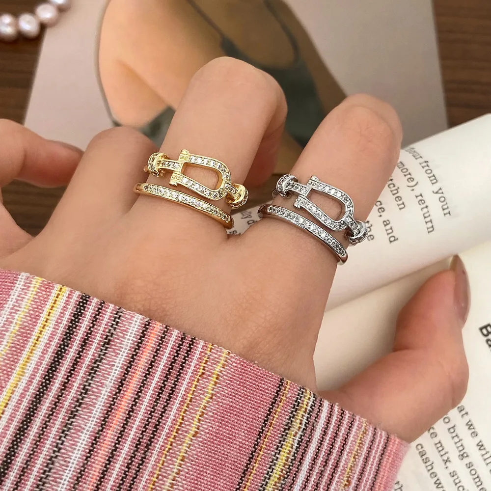 BinShuo New Design Fashion Ring Horseshoe Buckle U-Shaped Double Layer Zircon Adjustable Brass Ring For Women