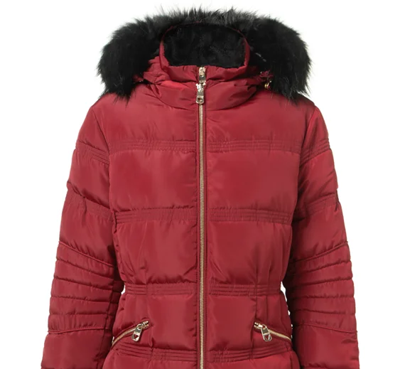 
wholesale manufacturer red natural fashion quilted padded coat detachable fake fur hood women coats for Winter wear clothing 