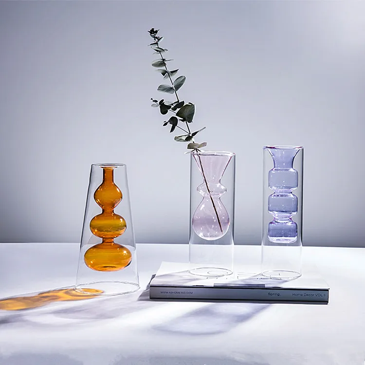 Hot selling home table decorative tall color flower glass vase