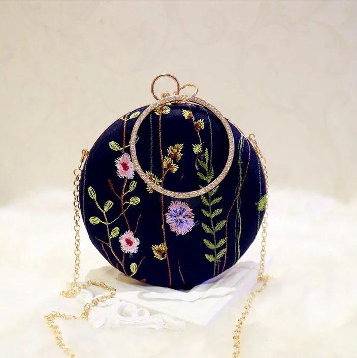 New Fashion Ladies  Party Clutch Round Shaped Shoulder Bags Girls Handbags Embroidery Floral Evening Bag