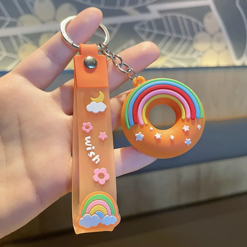 Cartoon Food 3D Silicone Sweet Donuts Keychain Cute Girl Bag Car Pendant charm donut keychain Rainbow Wristband Car Keyring