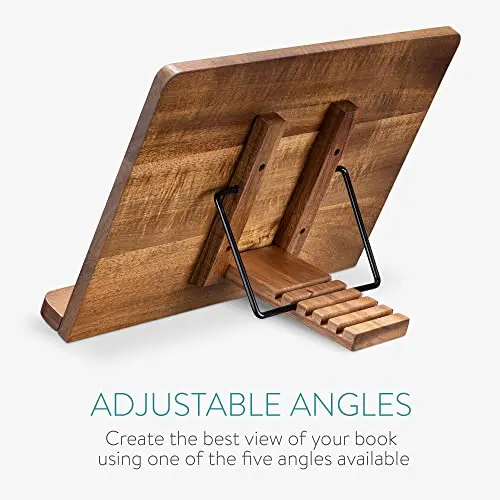 Wooden Book Stand  Hands-Free Reading Recipe Cookbook Tablet Holder  with 2 Adjustable Metal Page Holders with Grips