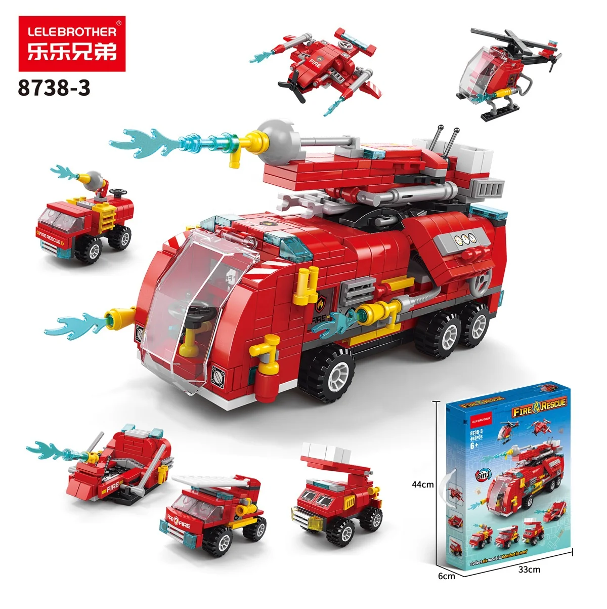 Lele Brother Fire Truck 6 in 1 Building Blocks Deformed Car Bricks Toys Firefighting Model Kids Educational Gift