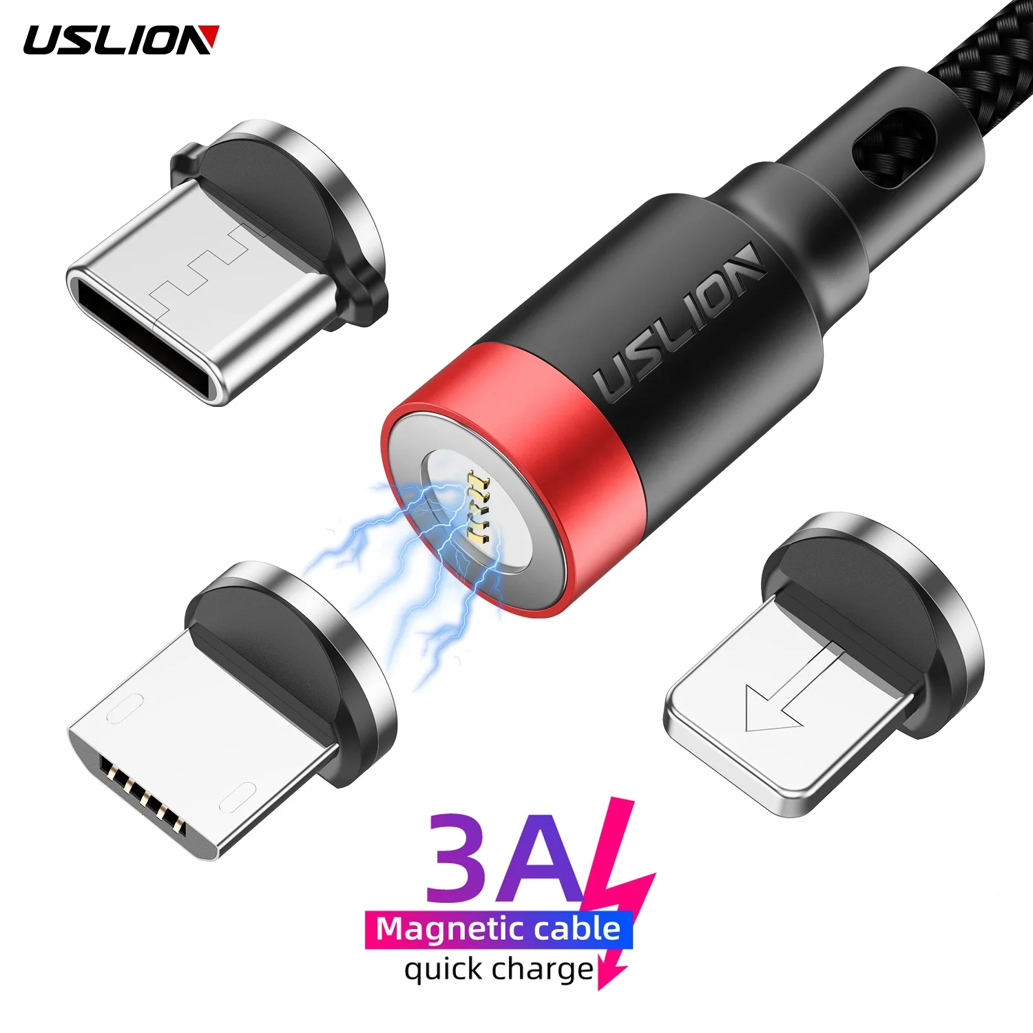 USLION 3 In 1 2M Magnetic Charging USB Data Cable 3A Fast Charger Cable 360 Rotate