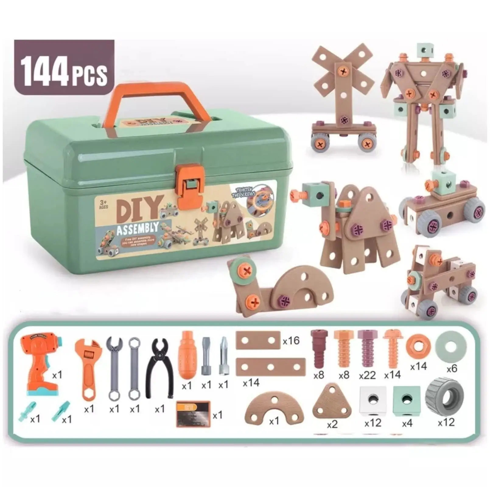 Educational Building Blocks Kids Power Tool Box Set DIY STEM Building Toys Kit 144PCS Electric Drill  Tool